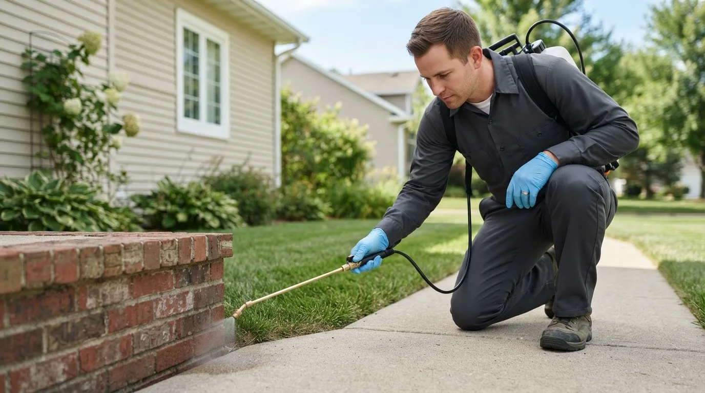 Pest control technician treating a home near Moro, OR